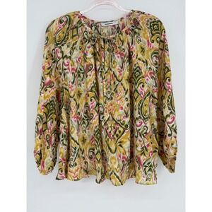 Woolworths‎ Boho Abstract Tie Neck Long Sleeve Blouse Women's Sz L Yellow Green
